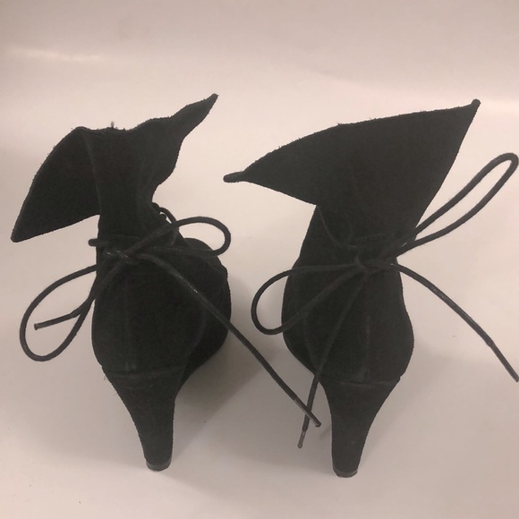 Zara 38 Black Suede Bootie Wedge Heel Wear it 2 ways wrap around laces Excellent - Picture 12 of 13